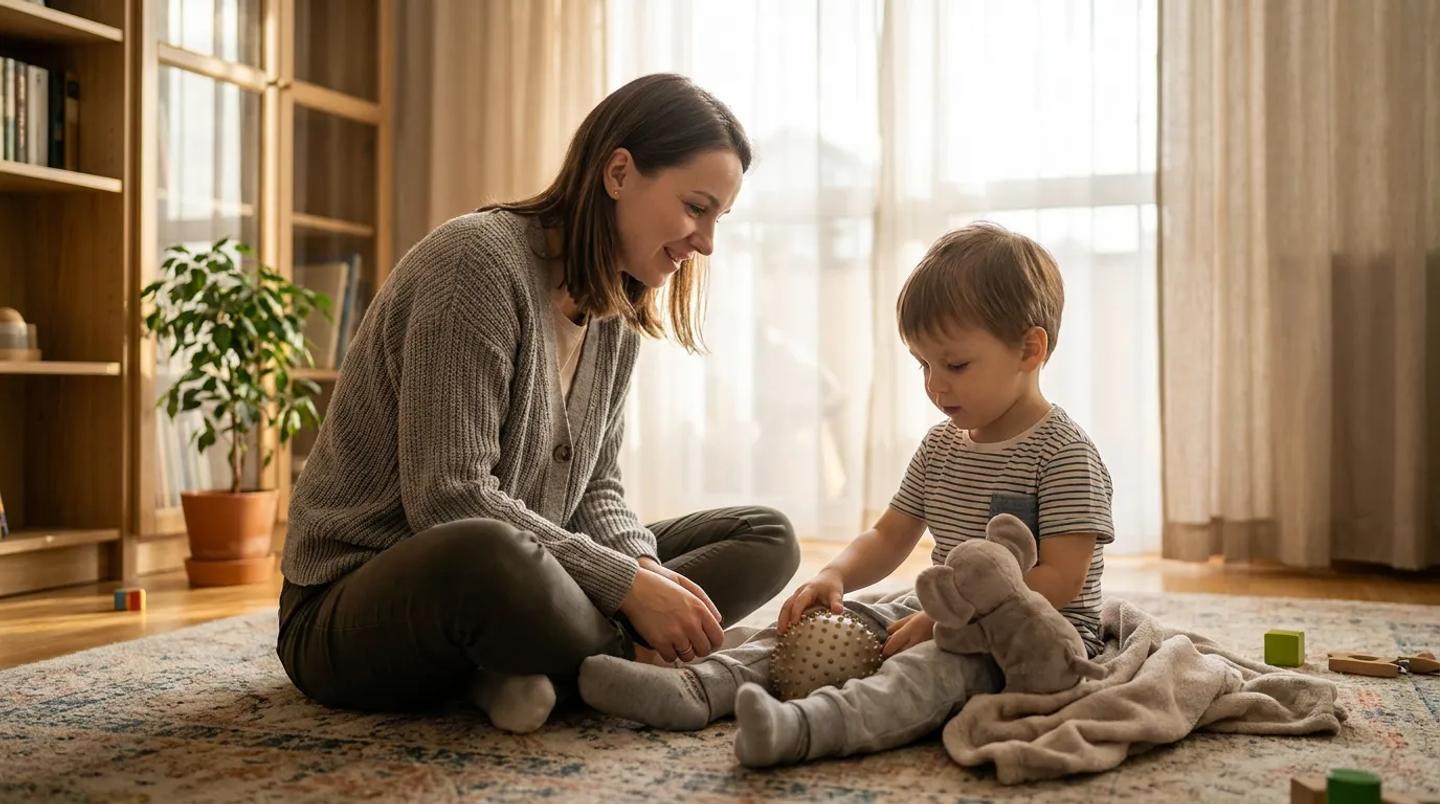 A young child around 3 to 4 years old sits on a living room rug holding a textured sensory ball beside a stuffed elephant and blanket while a smiling adult woman in a long-sleeved cardigan sits close by at the child’s level in warm natural light.