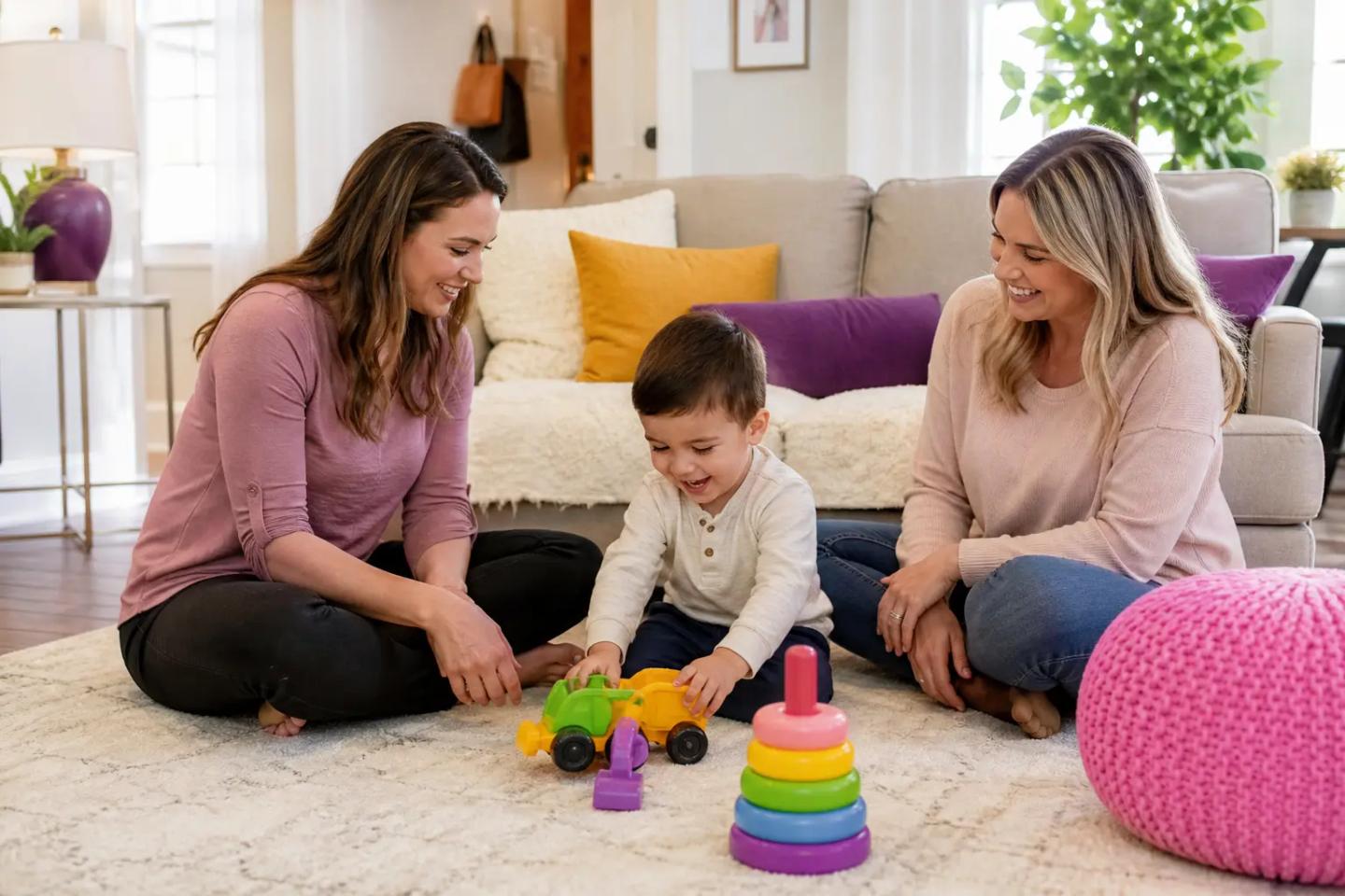 A young child about 3 to 4 years old plays with toys in a bright living room at home while a female therapist and a parent sit nearby, smiling and gently supporting the activity in a calm, welcoming setting with colorful accents.