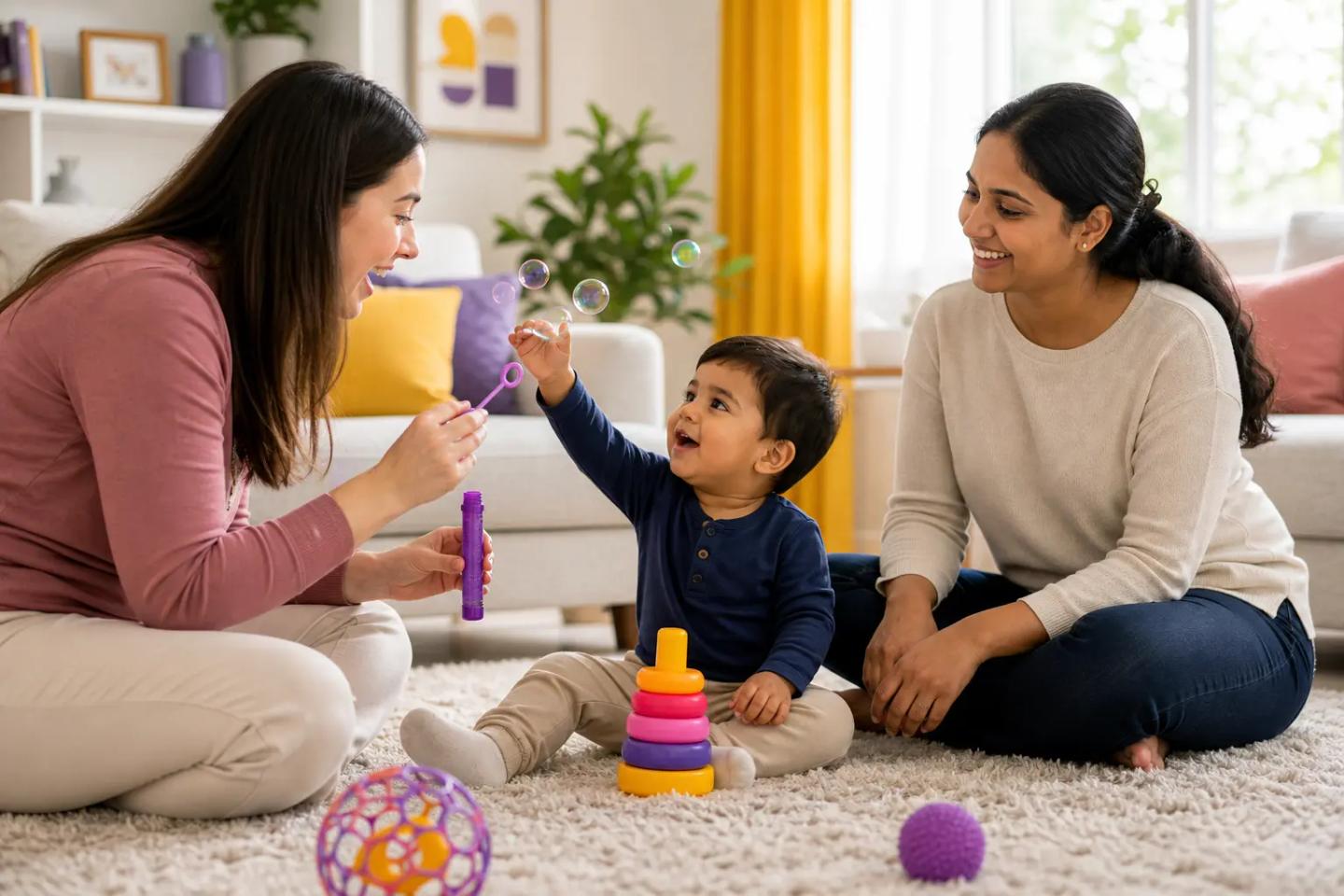 An approximately 18-month-old toddler sits on a soft rug in a warm living room, smiling and playing a simple turn-taking toy game with a female therapist while a supportive parent sits nearby; the space has natural light, colorful toys, and a calm, cozy home setting.