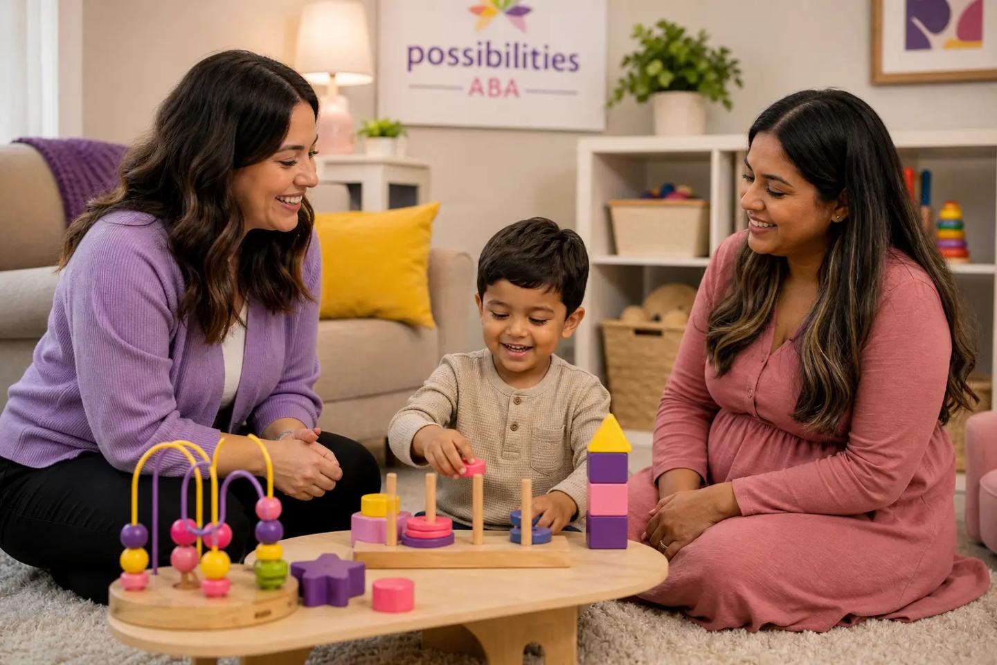 A preschool-aged child plays with colorful toys in a warm, child-friendly therapy room while a female therapist and a parent sit nearby, smiling and observing in a calm, supportive setting with soft light and simple decor.
