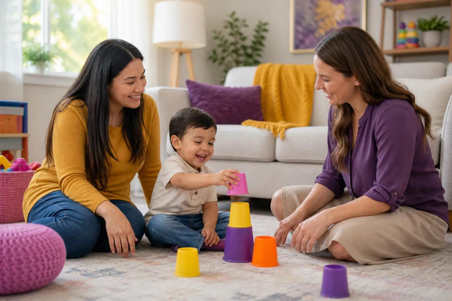 A young child about 4 years old sits on a rug in a warm living room, playing with colorful stacking toys while a mother and a female therapist sit nearby, smiling and supporting the activity together.