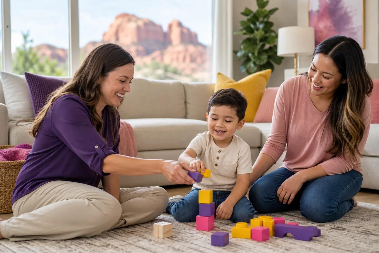 A preschool-aged child sits on the living room floor at home, smiling and playing with colorful toys while a female therapist and parent sit nearby and engage supportively in the activity; soft daylight, warm decor, and subtle colorful accents create a calm, welcoming in-home therapy setting.