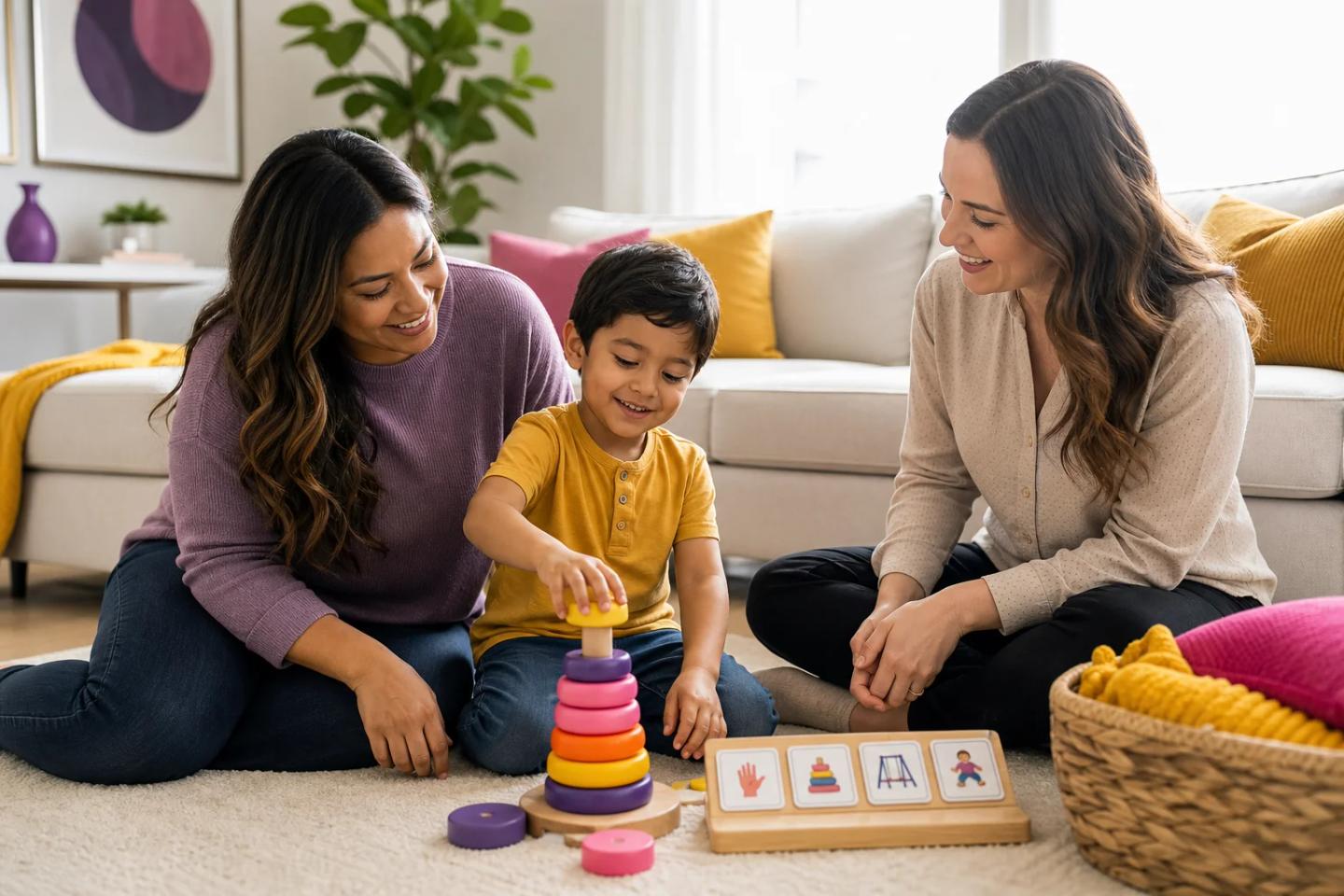A happy young child around 4 years old sits on a living room rug playing with colorful stacking toys while a parent and a female therapist kneel nearby, smiling and supporting the activity in a warm, sunlit home setting with bright cushions and simple routine cards visible.