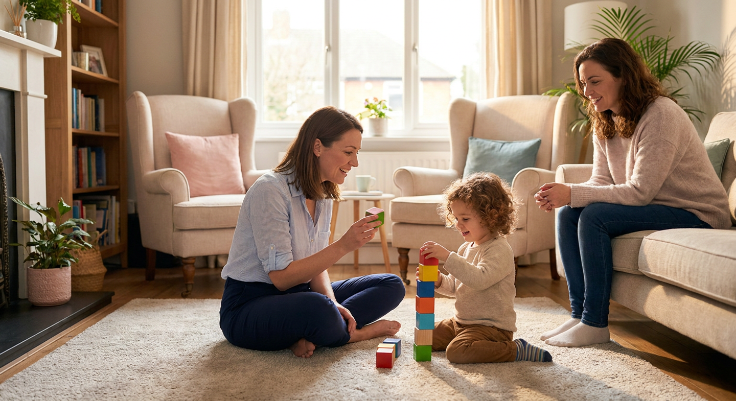 A young child around 3 to 4 years old sits on a light rug in a warm living room stacking wooden blocks while a parent and a female therapist kneel nearby, with soft window light, storage baskets, a stuffed toy, and cozy furniture creating a calm, low-distraction home setting.