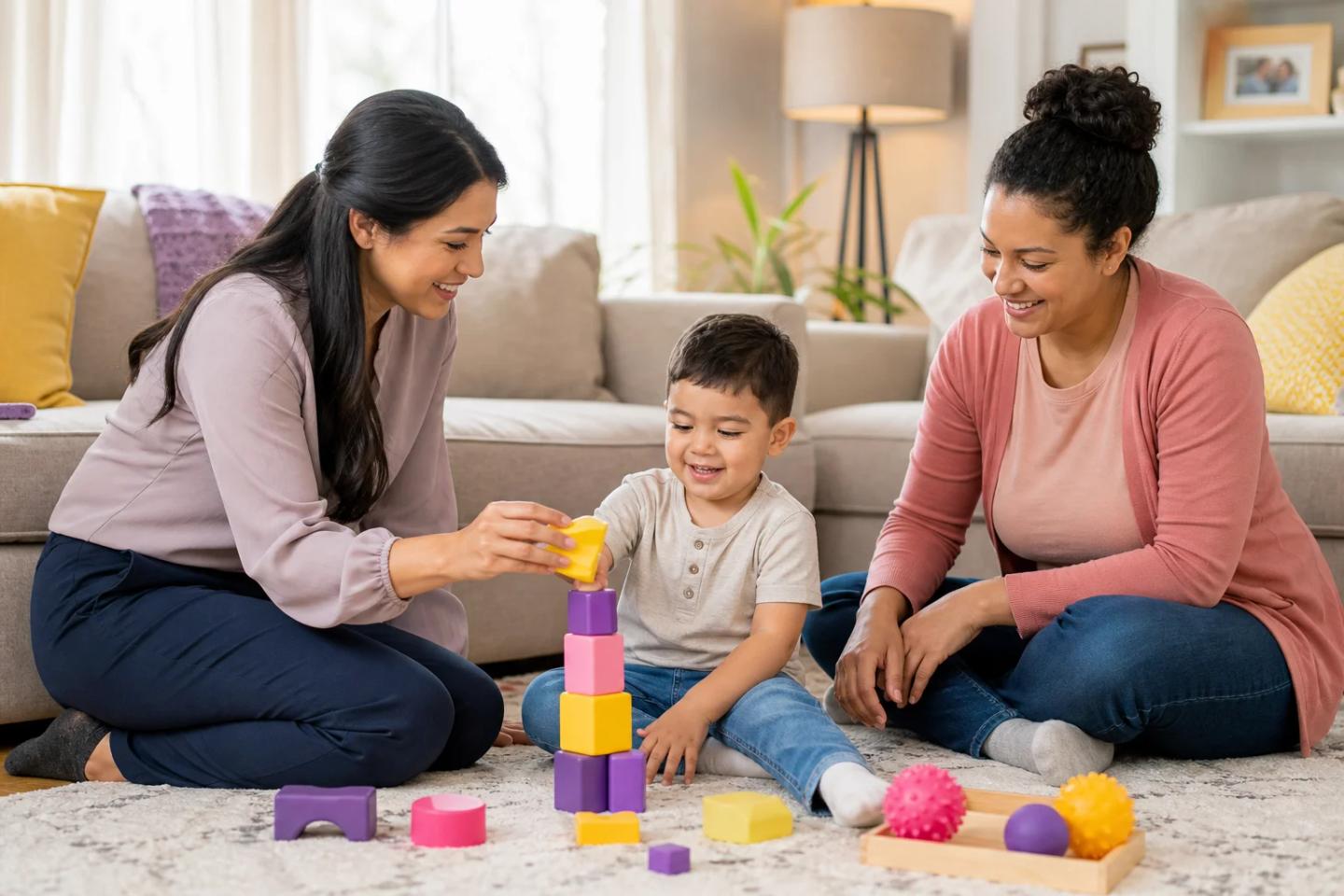 A female therapist, a parent, and a young child around preschool age sit together on a living room rug at home, engaging in calm play with colorful toys in a bright, cozy space with soft natural light.