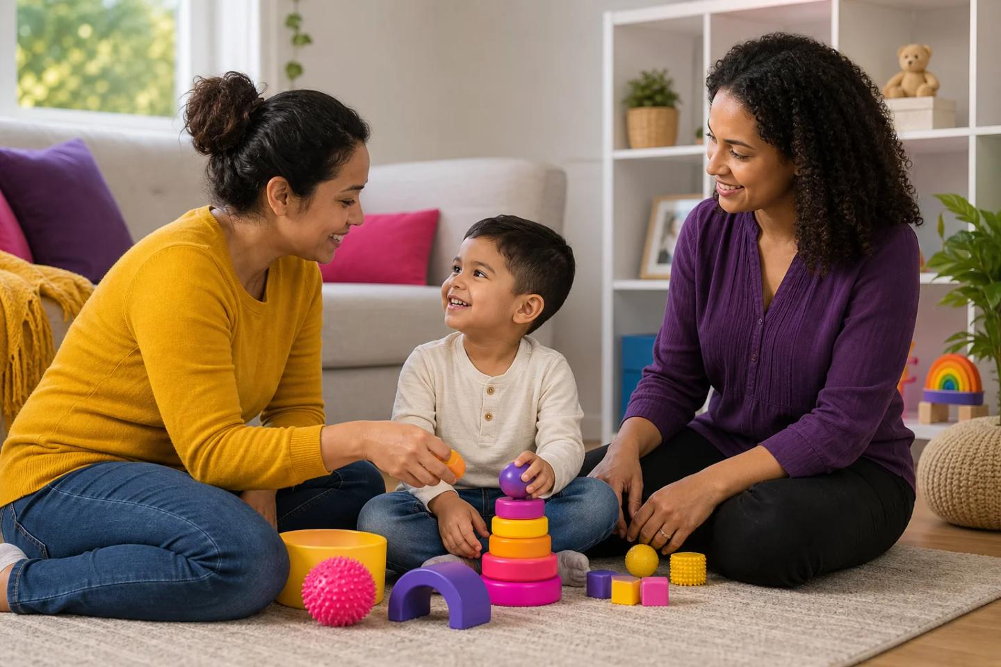 A young child around 3–4 years old plays with colorful stacking toys on a cozy living room floor while a parent and a female therapist kneel nearby, smiling and working together in a warm home setting with soft natural light and subtle yellow, purple, and pink accents.