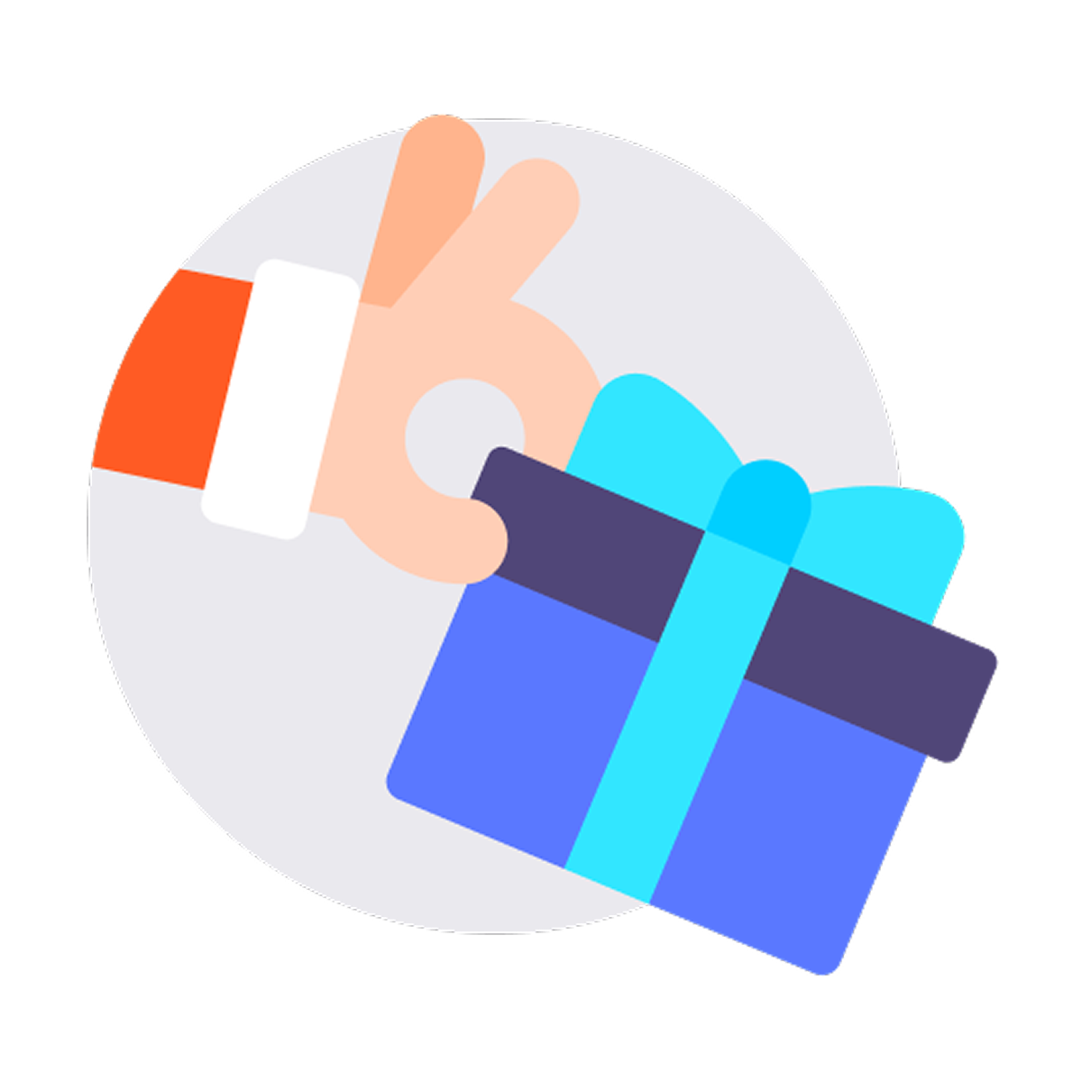 Santa's hand presenting a blue gift.