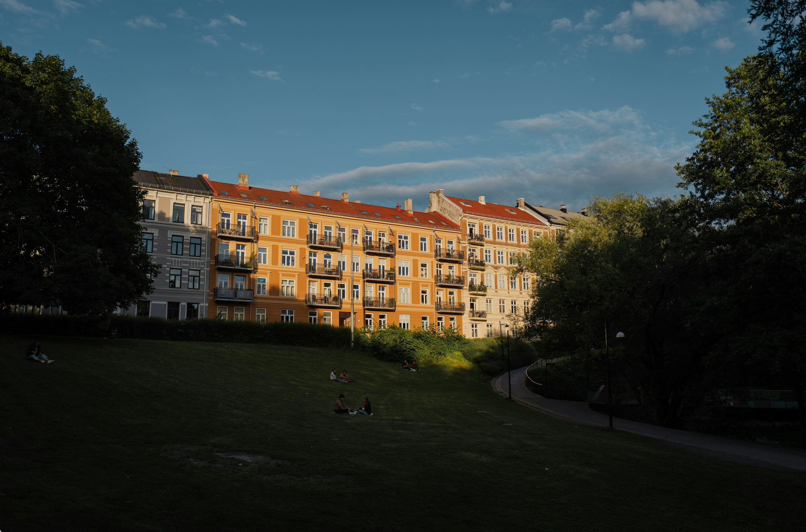 Row of sunlit apartment buildings in orange, white, and gray, overlooking a shaded green park with people relaxing on the grass.