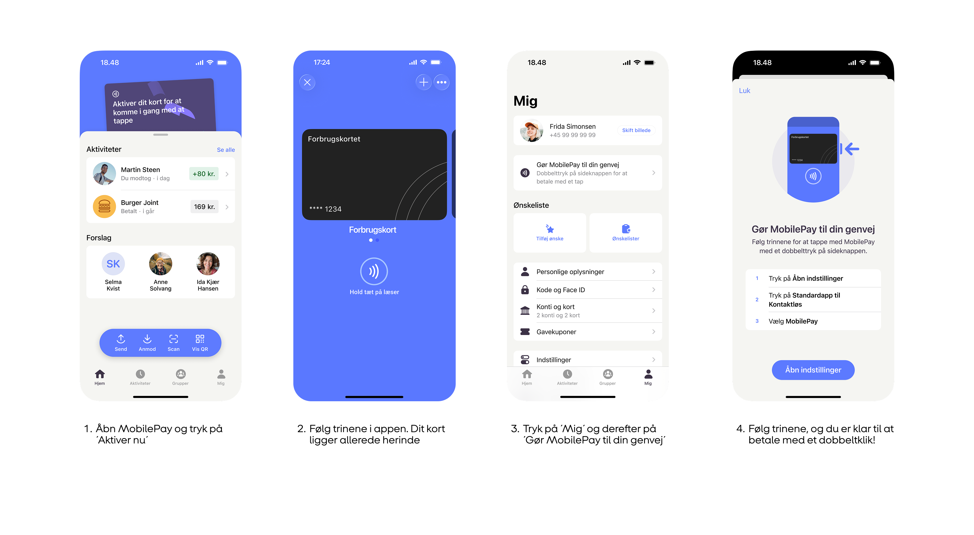 Four smartphone screens illustrating the steps to activate a card and set up MobilePay for quick payments.