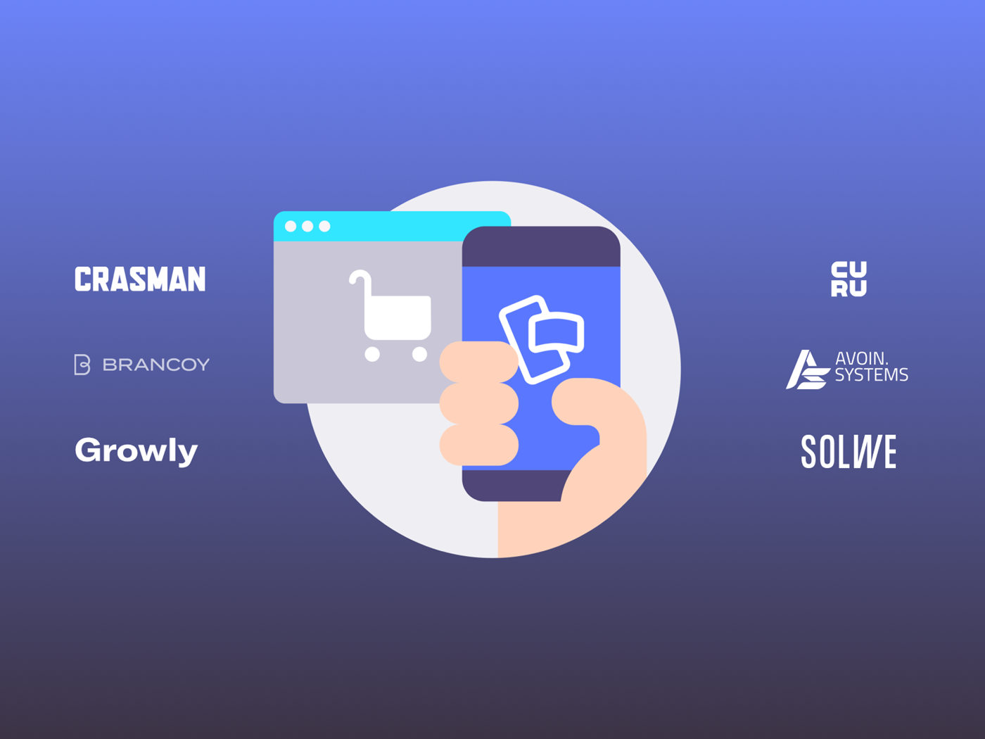 Illustration of e-commerce and mobile communication with partner company logos.