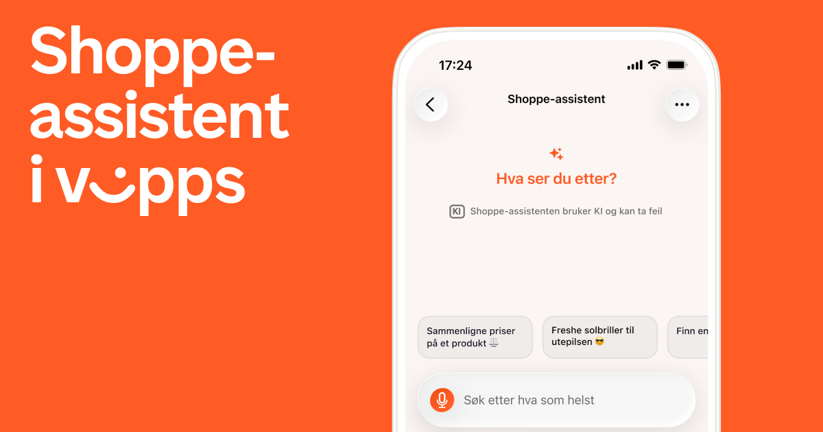 A mobile phone displaying the "Shoppe-assistent" app interface, with "Shoppe-assistent i Vipps" text on an orange background.