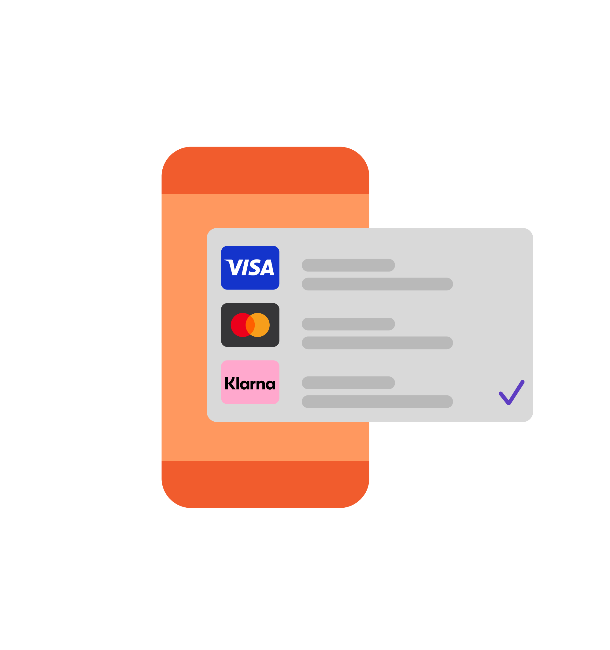 Smartphone displaying a mobile payment screen with Visa, Mastercard, and Klarna options.