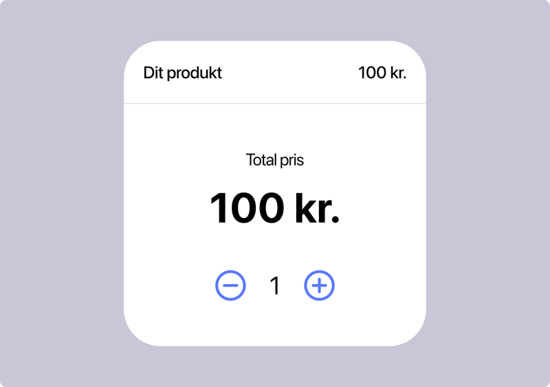 Shopping cart item displaying "Dit produkt" (Your product), quantity 1, and a total price of 100 kr.
