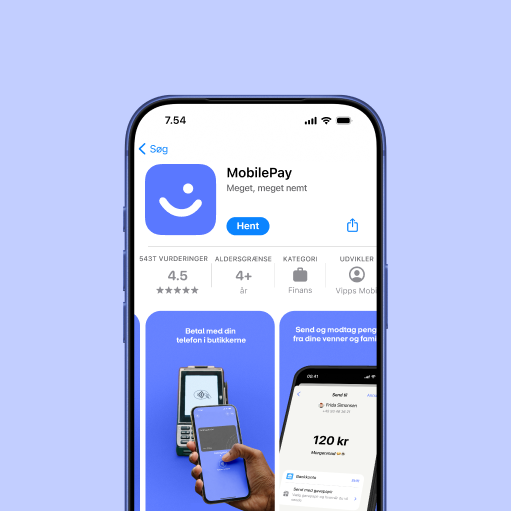 iPhone showing the MobilePay app page on the App Store, featuring its blue smiley logo, high ratings, and screenshots of payment functions.