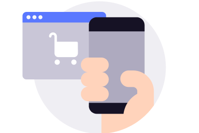 a hand is holding a cell phone in front of a shopping cart