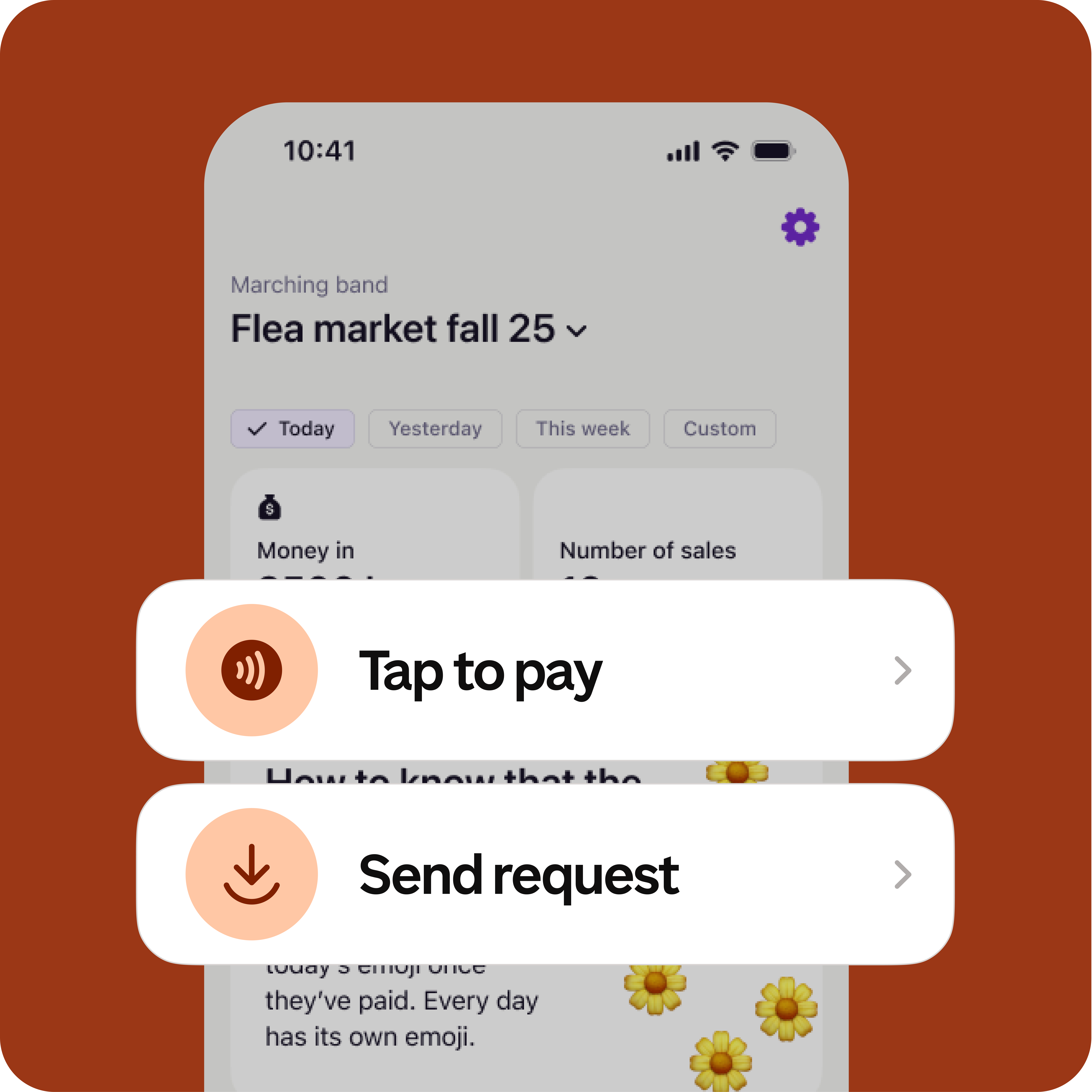 A smartphone app displays 'Tap to pay' and 'Send request' buttons over a flea market event screen.
