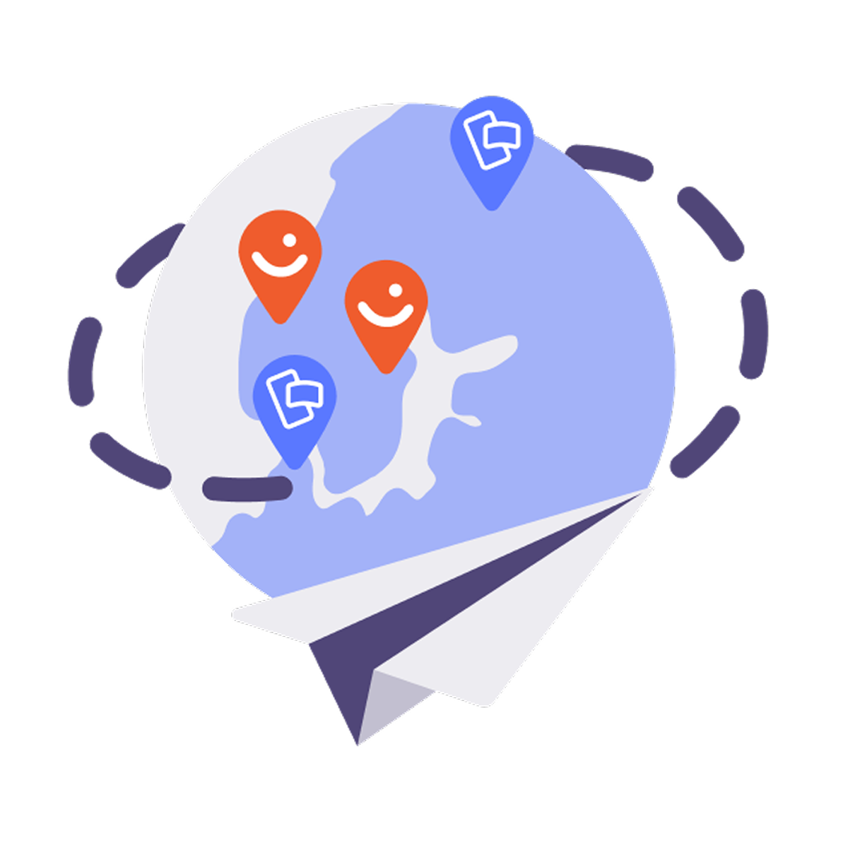 A paper airplane flying towards a globe marked with location pins for feedback and messages.