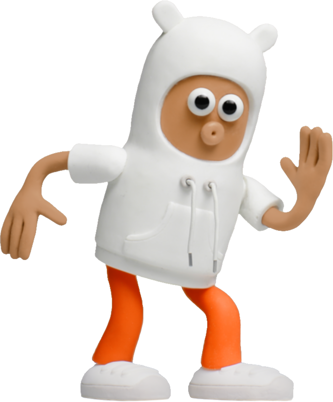 A brown-faced claymation character with large eyes and a small O-mouth, wearing a white bear-eared hoodie, orange pants, and white sneakers, poses with one hand raised.