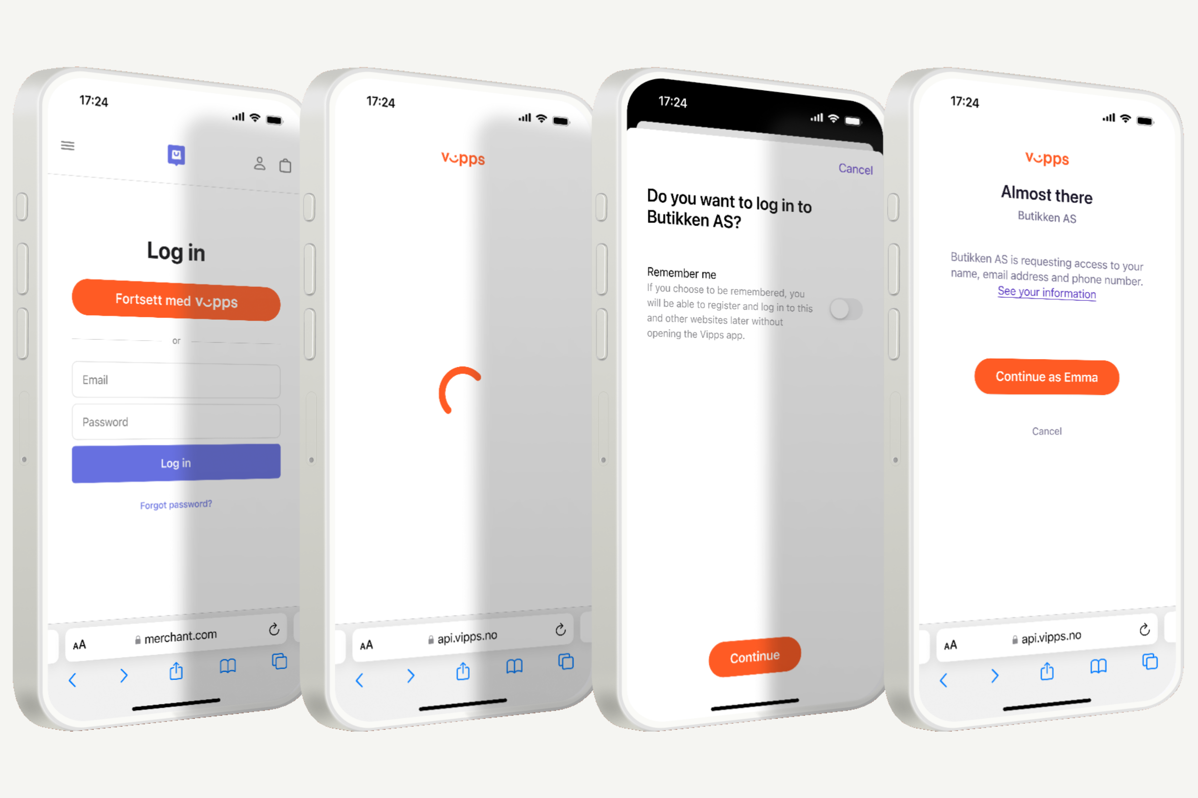 four cell phones are displaying a page that says log in