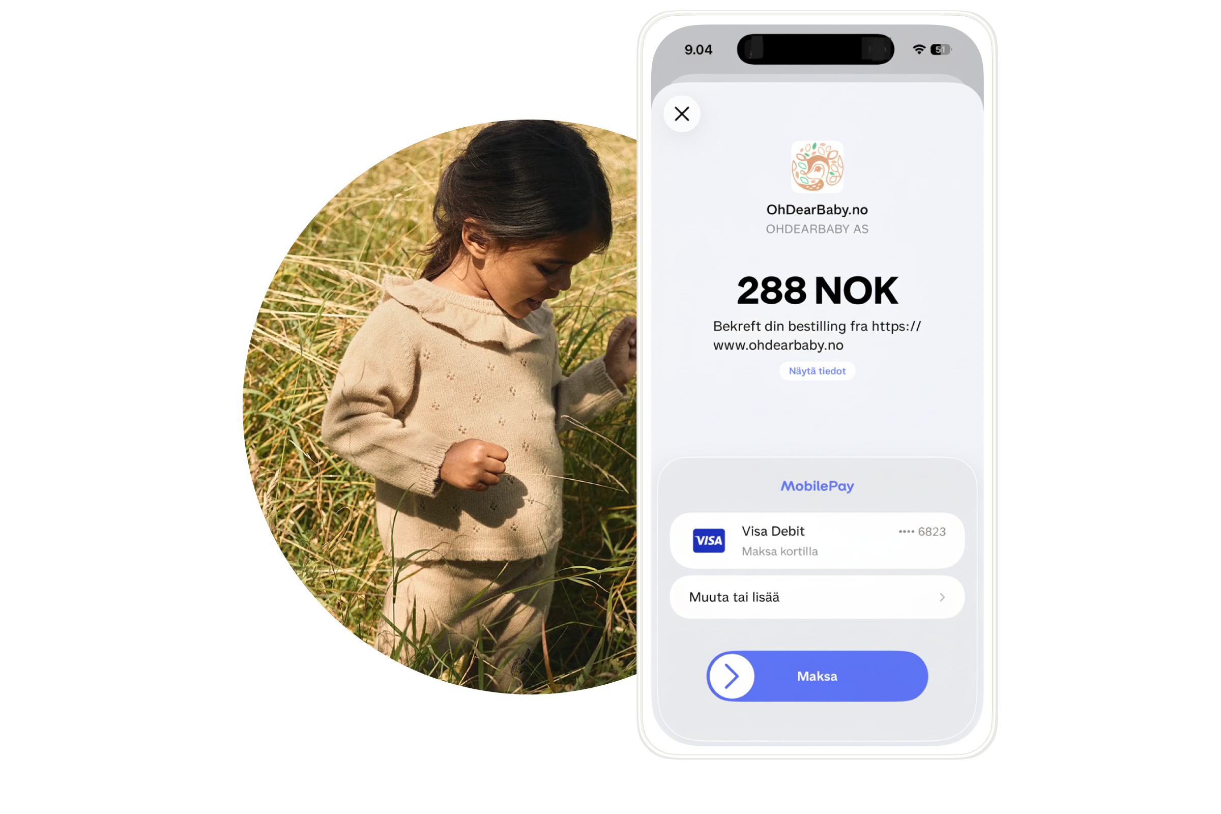 A child in a beige outfit in tall grass, next to a phone showing a 288 NOK payment screen.