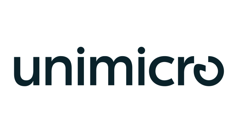 Unimicro logo in dark blue lowercase letters, with the final 'o' shaped like a circular arrow.