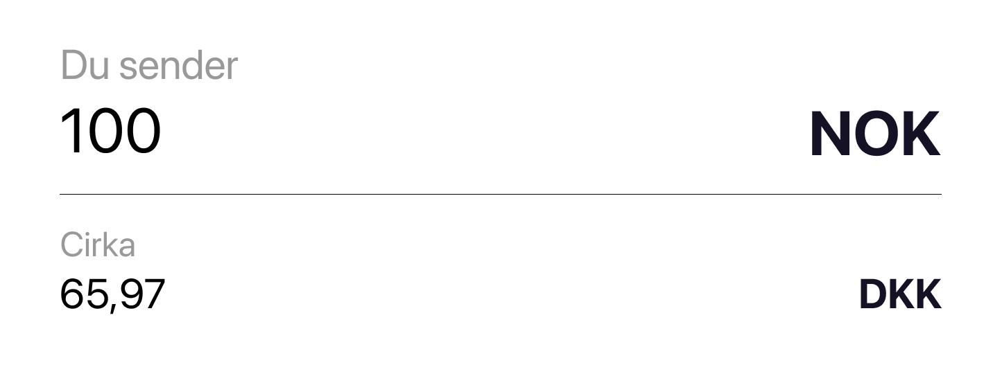 A currency converter showing 100 NOK converts to approximately 65.97 DKK.