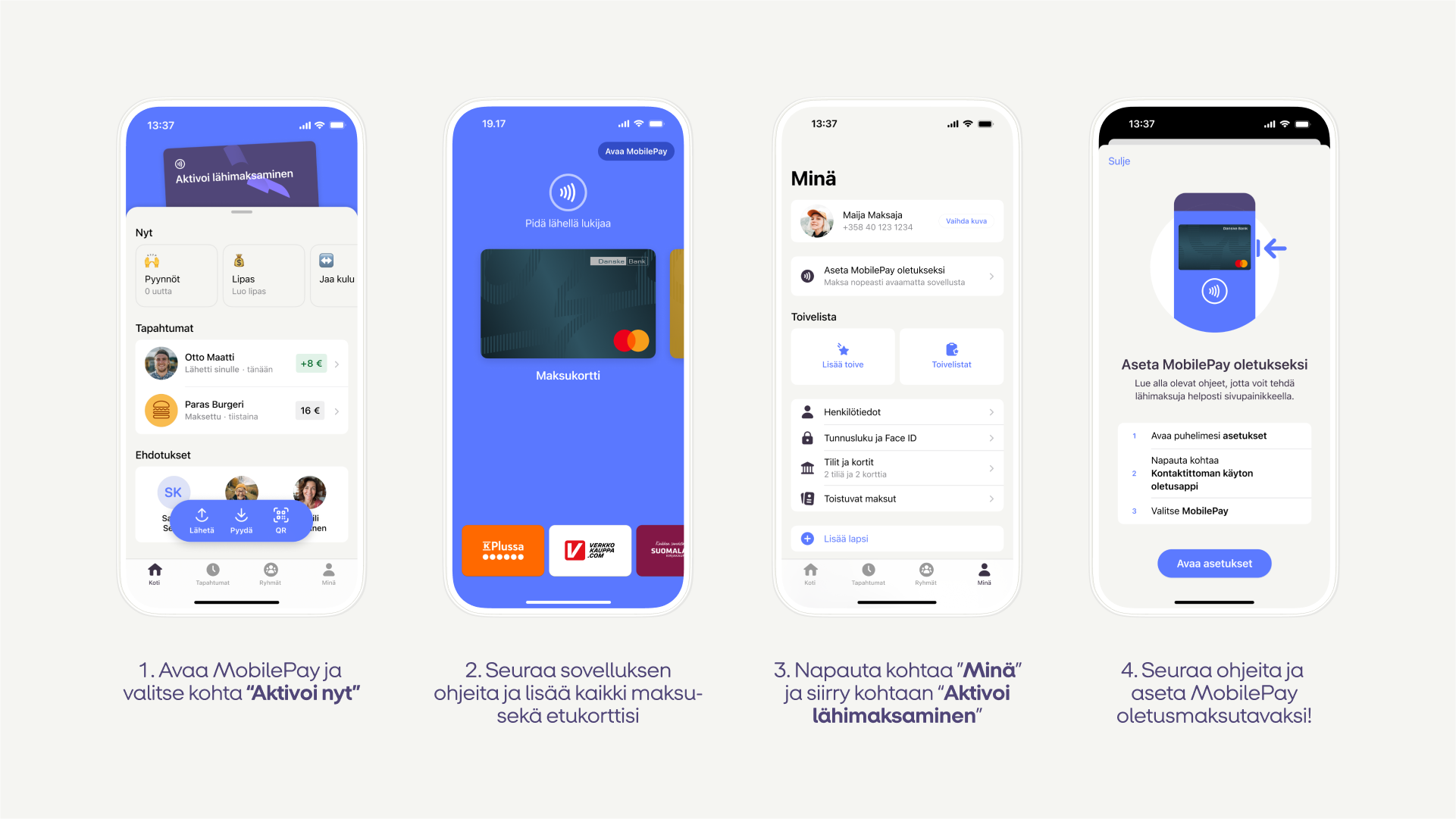 Four smartphone screens showing a step-by-step guide in Finnish to activate and set MobilePay as the default payment method.