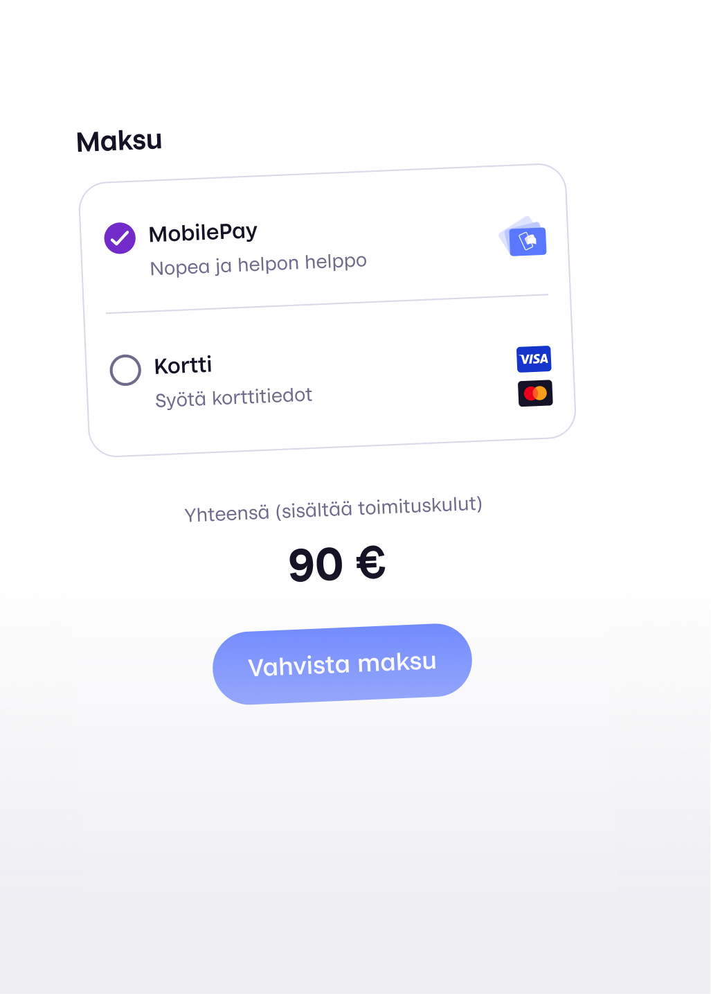 a phone screen shows a mobilepay option and a visa option