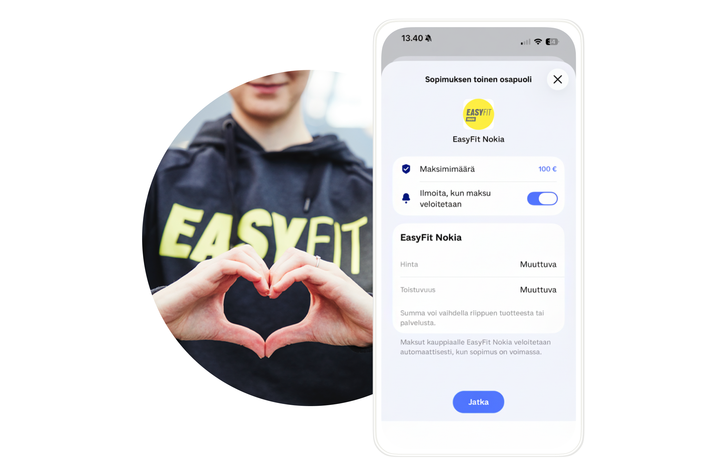 A person in an EasyFit hoodie forms a heart with their hands, next to a mobile phone displaying an EasyFit app interface.