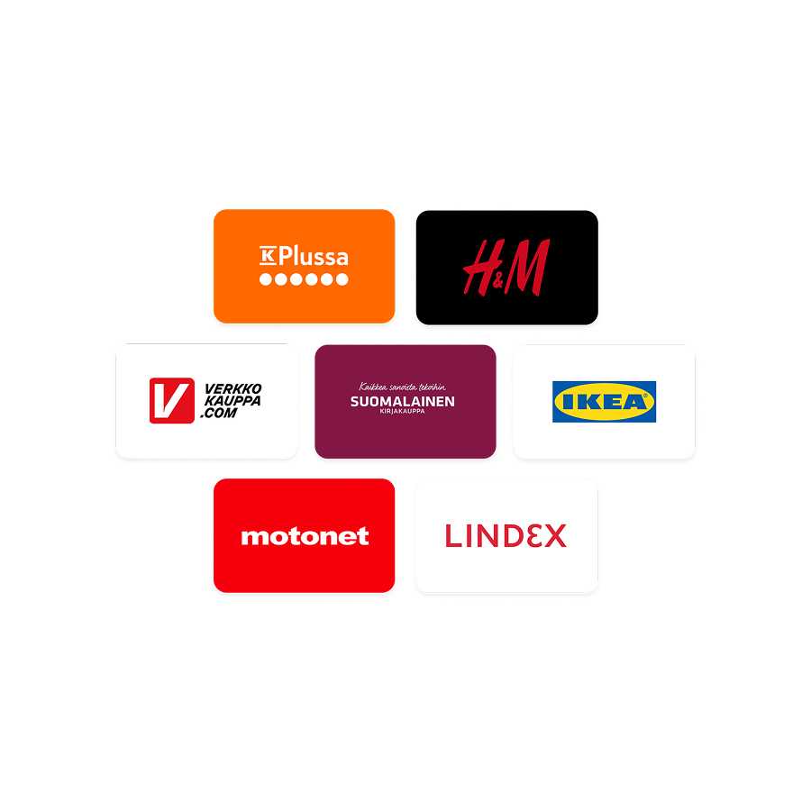 Logos for H&M, IKEA, Motonet, and other retail brands arranged in a circle.