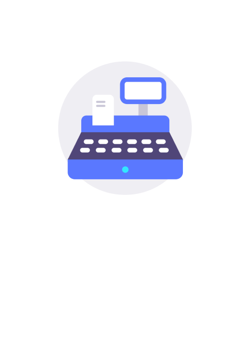 A cartoon illustration of a blue cash register with a receipt and screen.