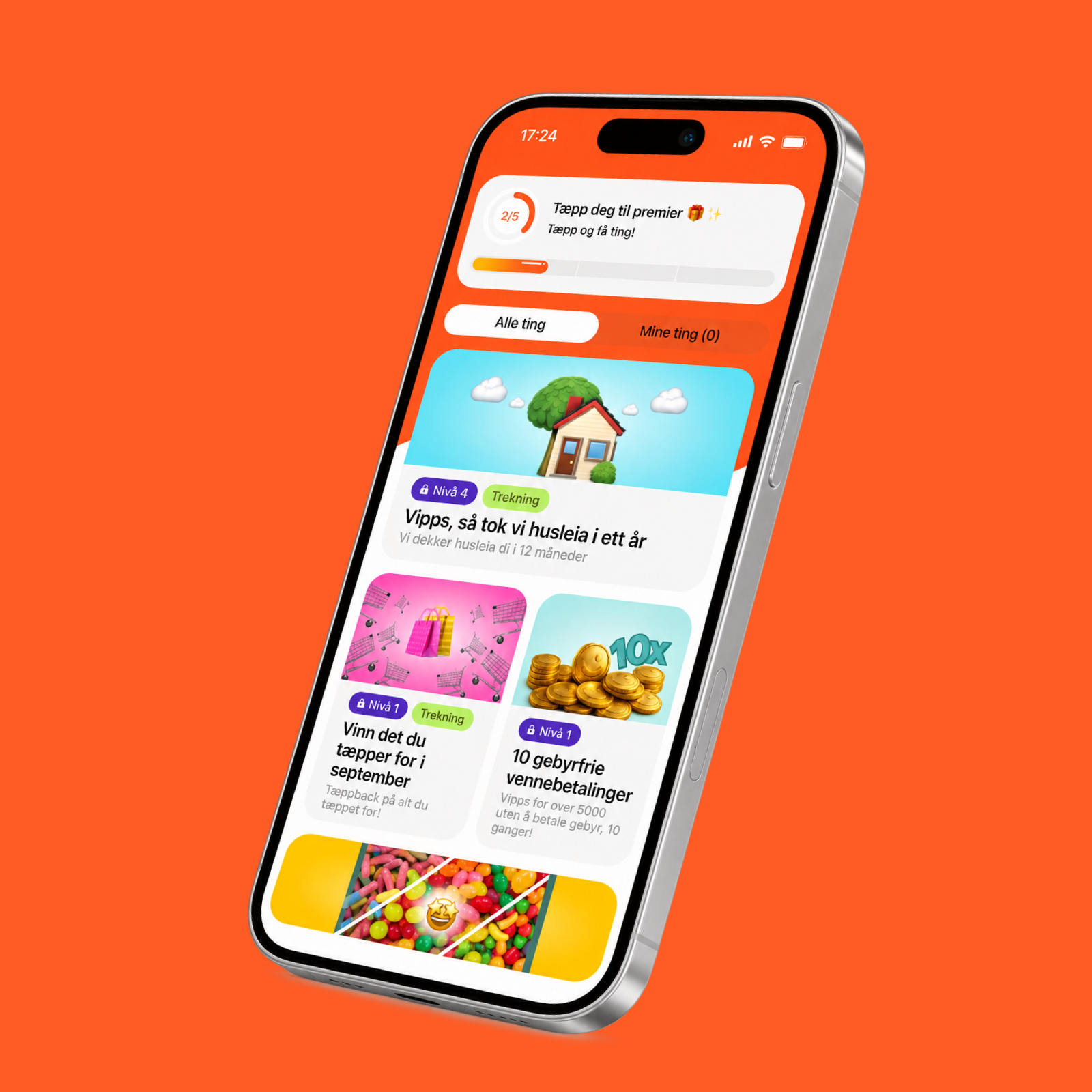 Smartphone displaying a Norwegian rewards app with various offers and colorful icons on an orange background.