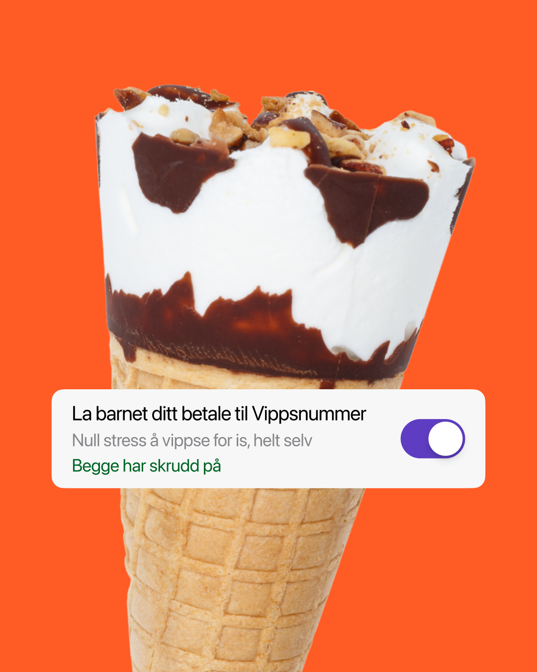 An ice cream cone with vanilla, chocolate, and nuts, on an orange background, overlaid with a notification promoting children paying for ice cream with Vipps.