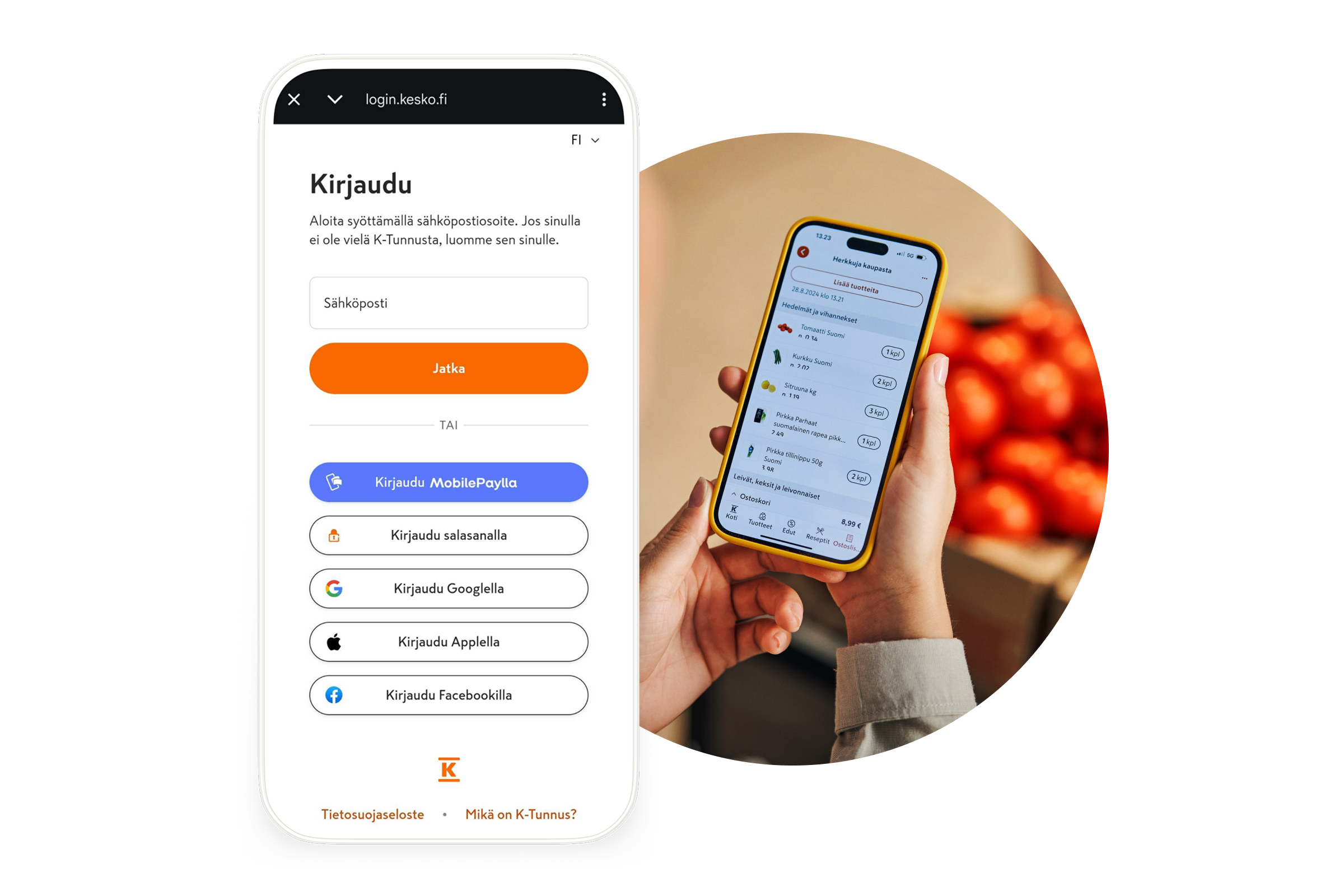 A phone displays a login page with sign-in options. Next to it, hands hold another phone showing a grocery shopping app, with blurred red produce in the background.