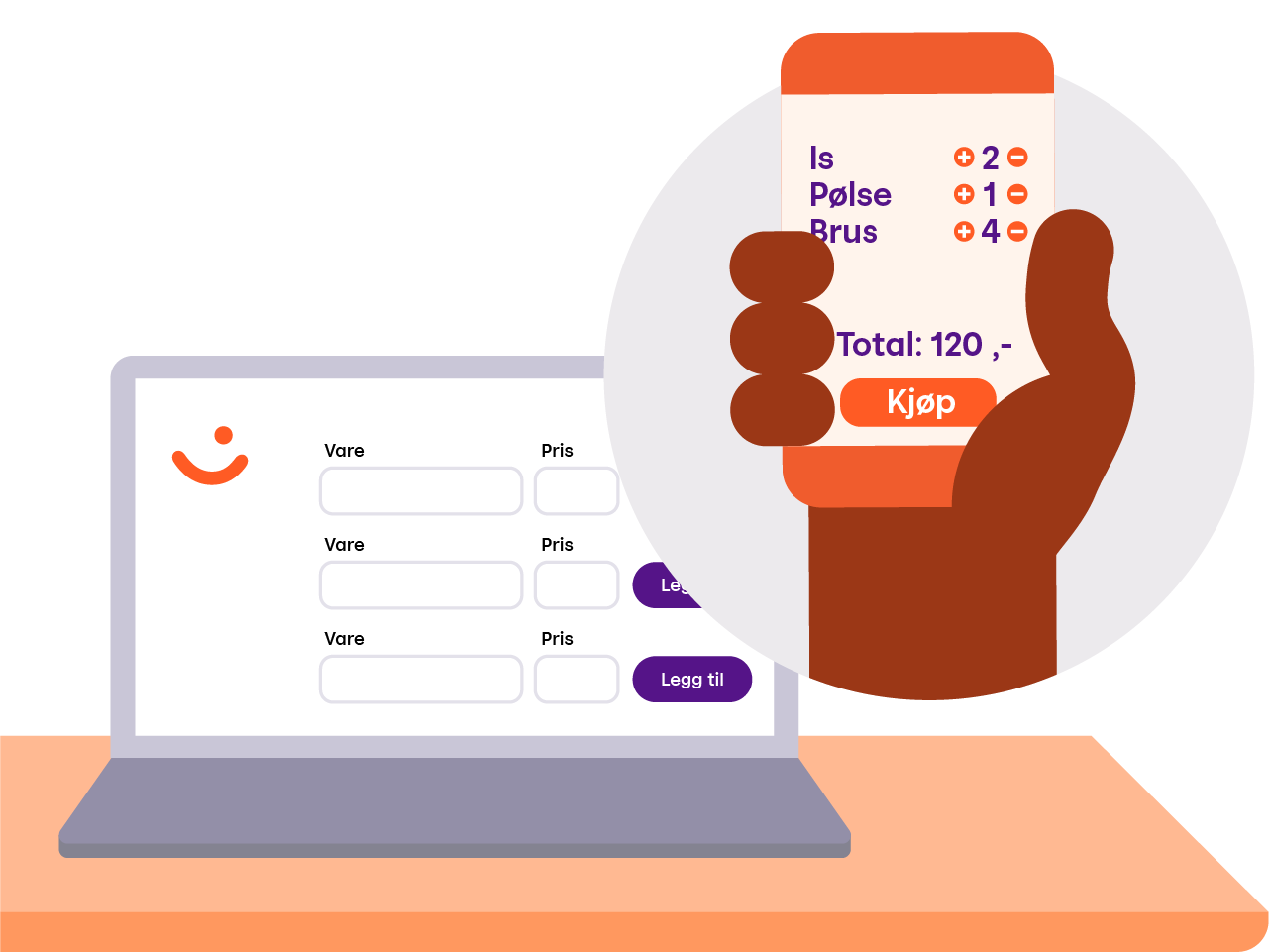 A laptop displaying an item entry form and a hand holding a smartphone showing a shopping cart with a total.