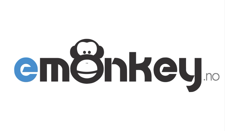 The emonkey.no logo, featuring a blue 'e' and a monkey's head for the 'o' in 'monkey'.