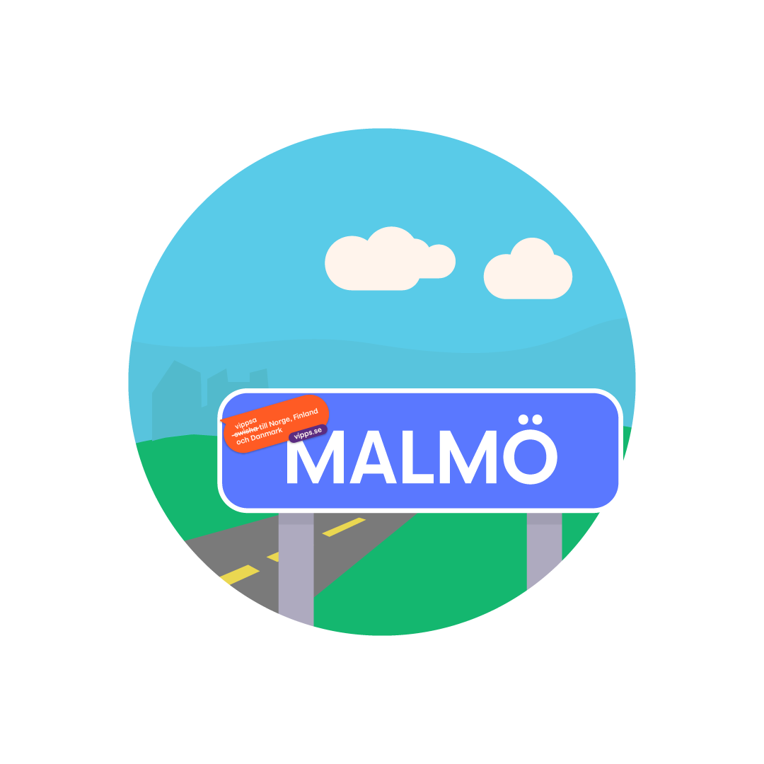 Illustration of a Malmö city sign with an orange banner promoting quick transfers to Norway, Finland, and Denmark.