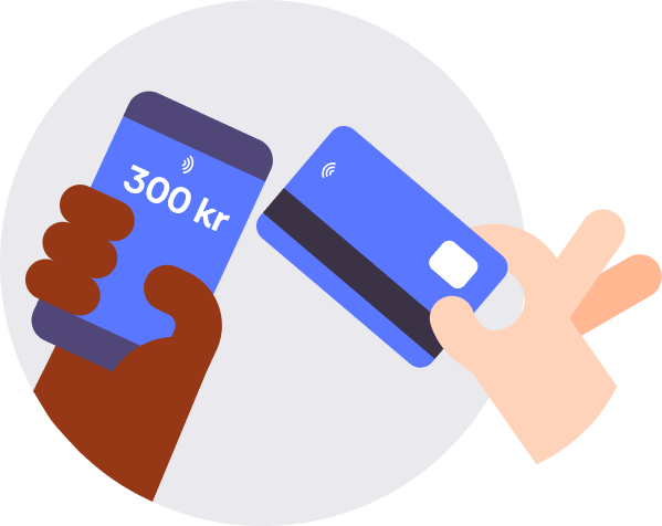 Hands holding a smartphone displaying "300 kr" and a credit card, both with contactless payment symbols, in an exchange.