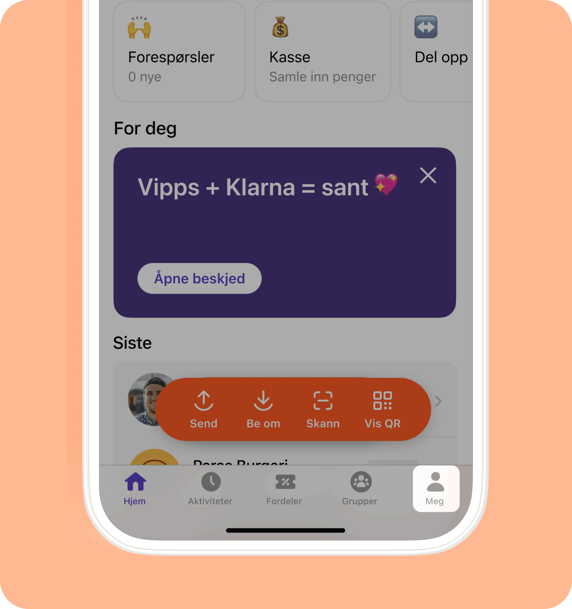 A smartphone screen displaying the Vipps app interface with a banner reading "Vipps + Klarna = sant ❤️" and payment options like send, request, and scan.
