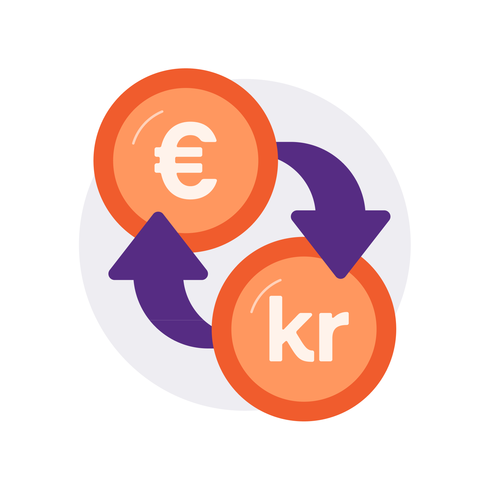 two coins with arrows pointing in opposite directions one of which has the word kr on it