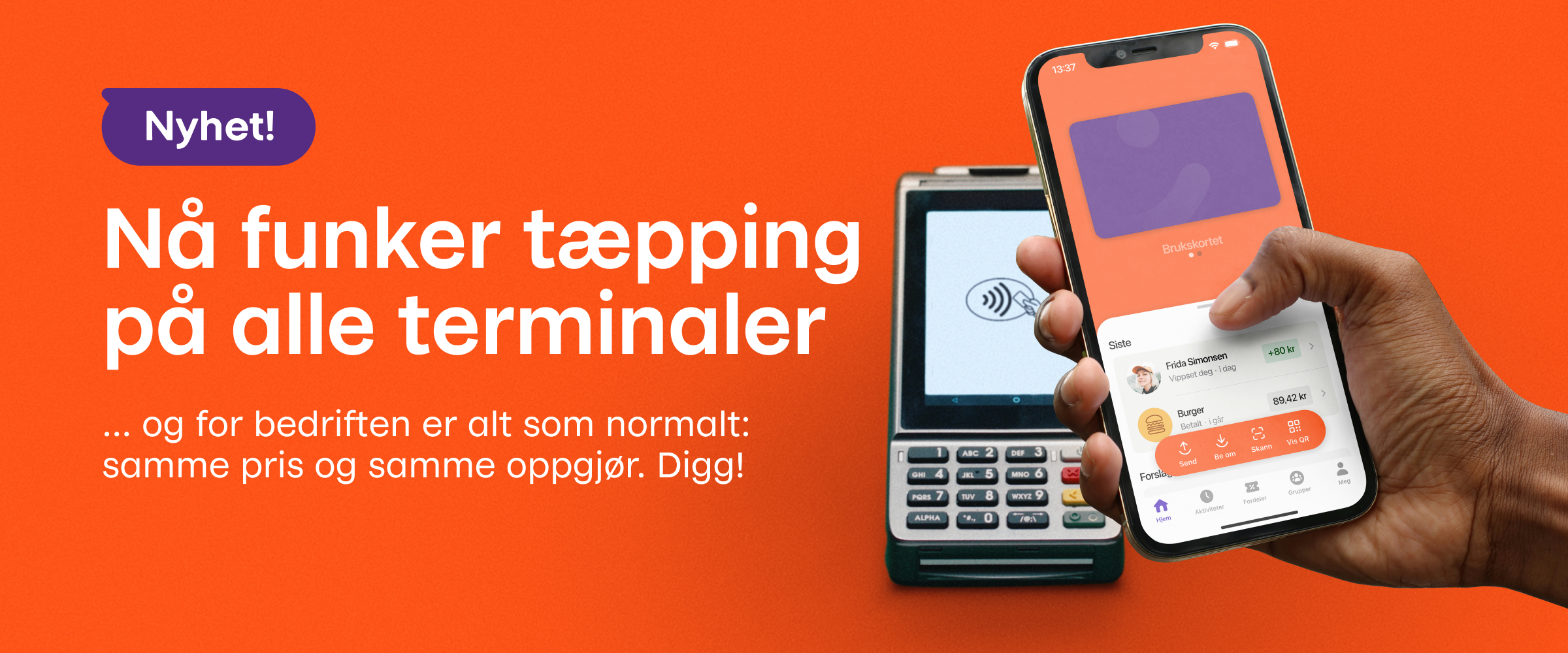 A hand holding a smartphone near a payment terminal, demonstrating contactless payment.