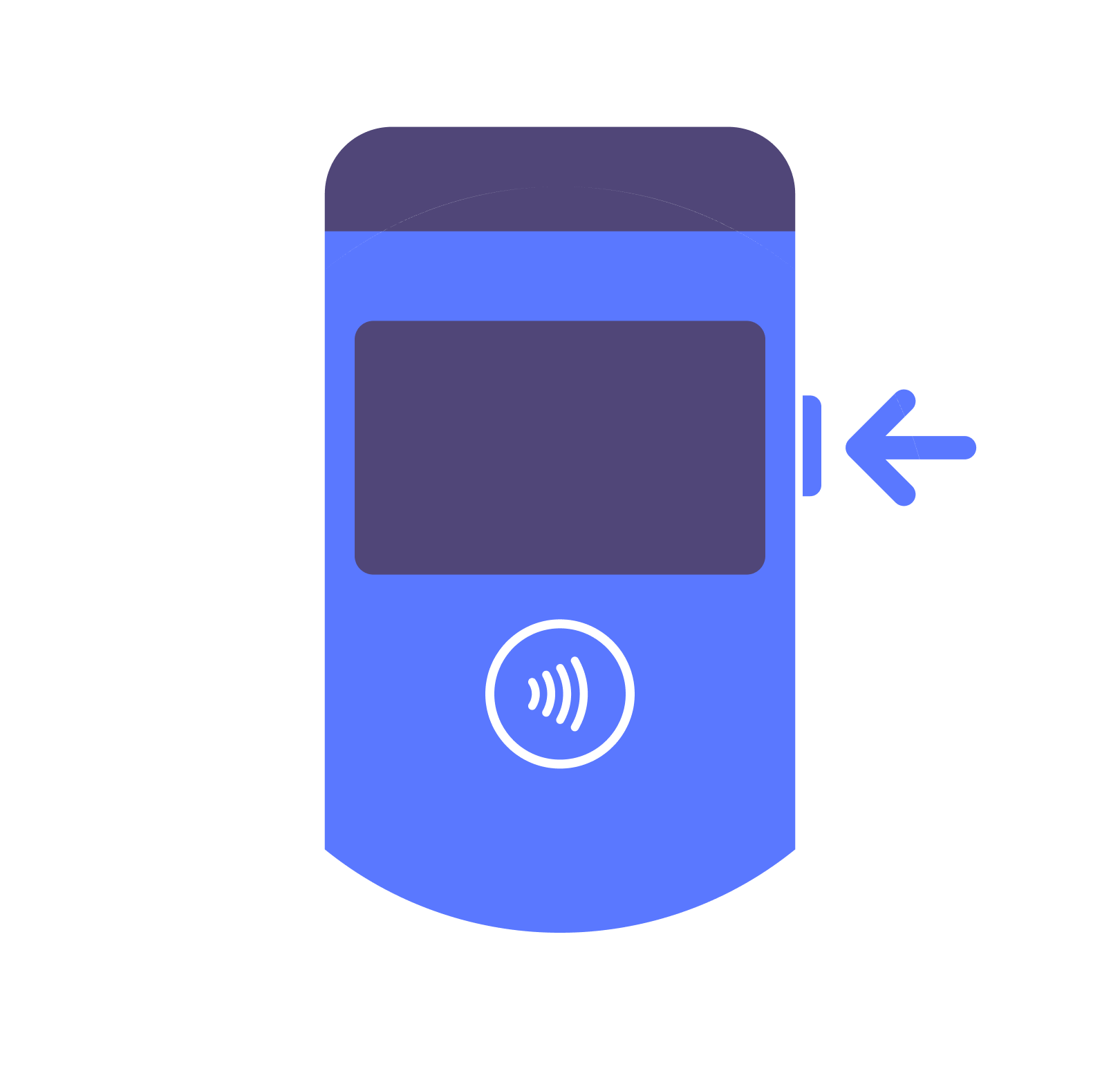 Blue and dark purple payment terminal with a screen, a contactless payment symbol, and an arrow pointing to a card slot.