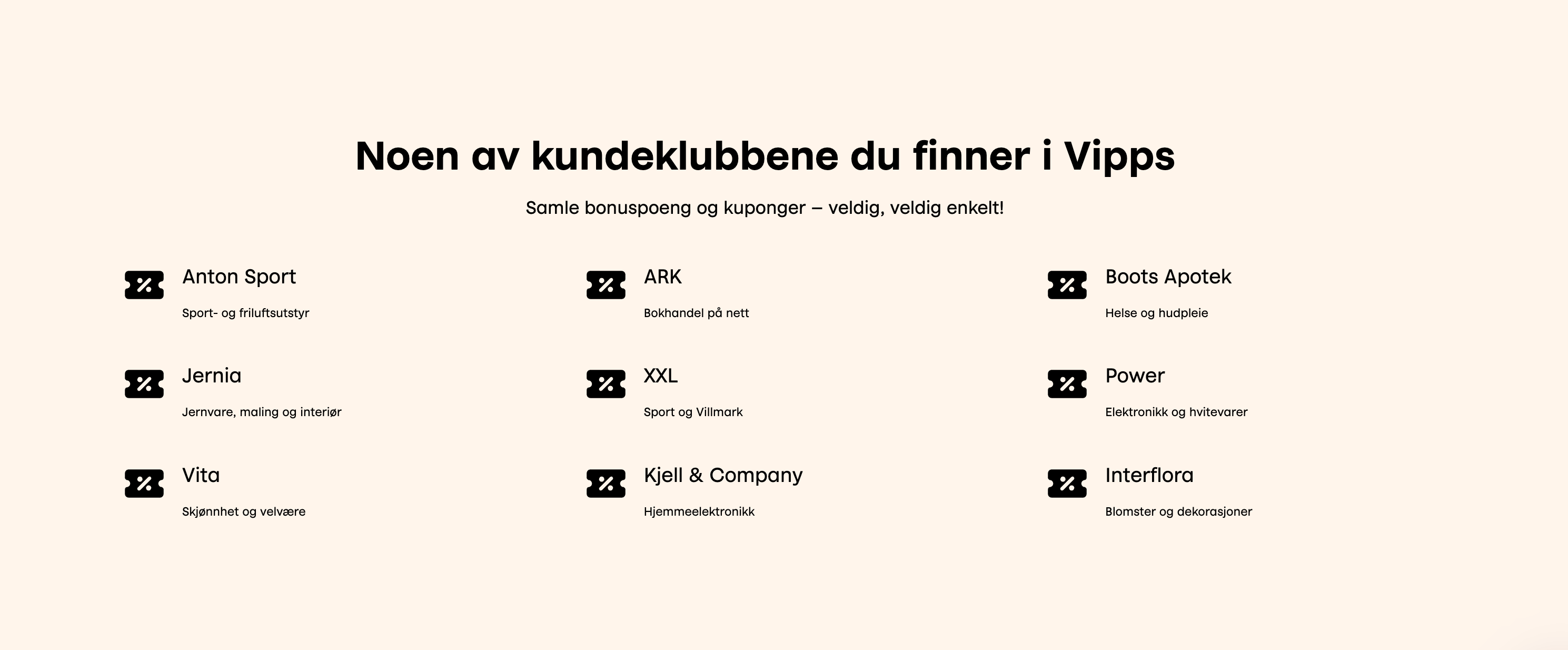 List of customer clubs available in Vipps, including Anton Sport, Jernia, Vita, ARK, XXL, Kjell & Company, Boots Apotek, Power, and Interflora, for collecting bonus points and coupons.