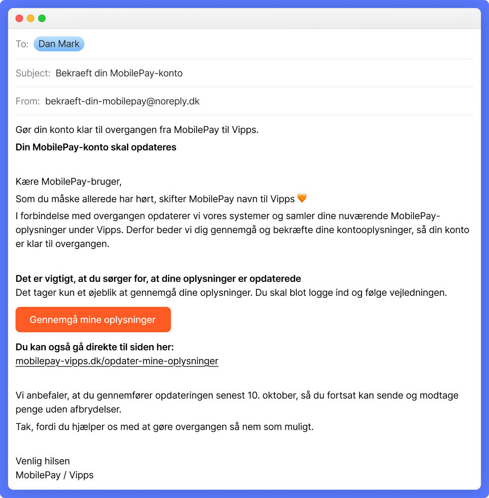 Screenshot of a Danish email on a computer screen, instructing the user to update their MobilePay account for a transition to Vipps.