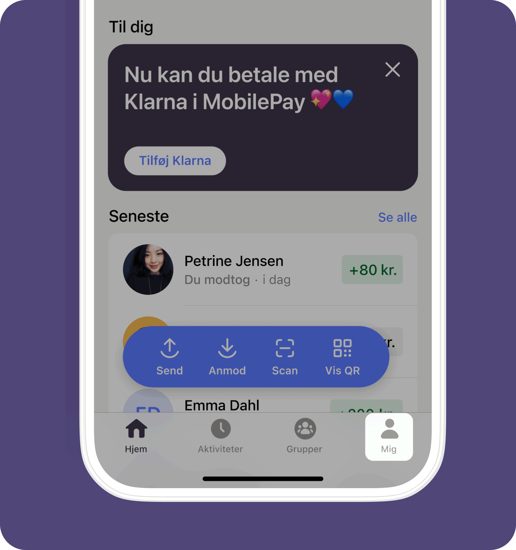 Screenshot of the MobilePay app showing a Klarna integration announcement and recent transactions.