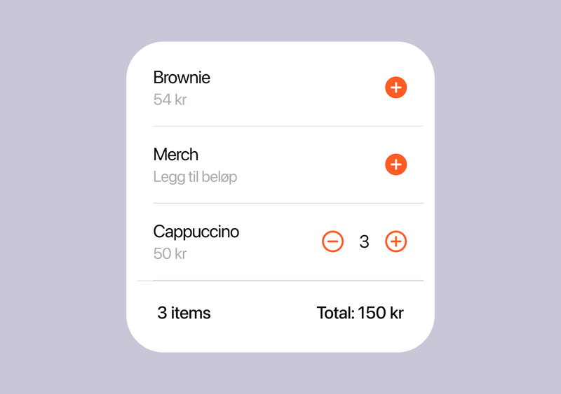 Order summary UI card showing Brownie, Merch, and 3 Cappuccinos for a total of 150 kr.