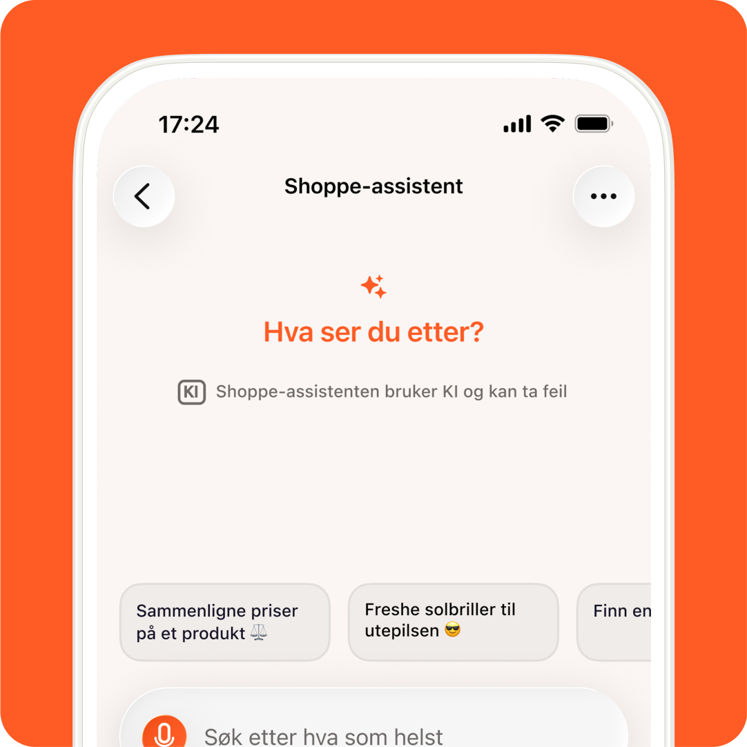 A mobile phone screen shows a Norwegian shopping assistant app titled "Shoppe-assistent" asking "Hva ser du etter?" (What are you looking for?) and stating it uses AI.