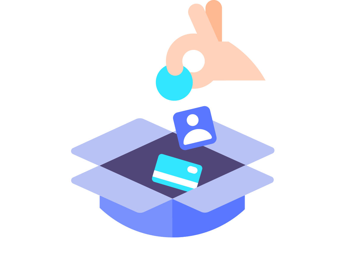 A hand drops a blue circle into a box containing a profile icon and a credit card icon.