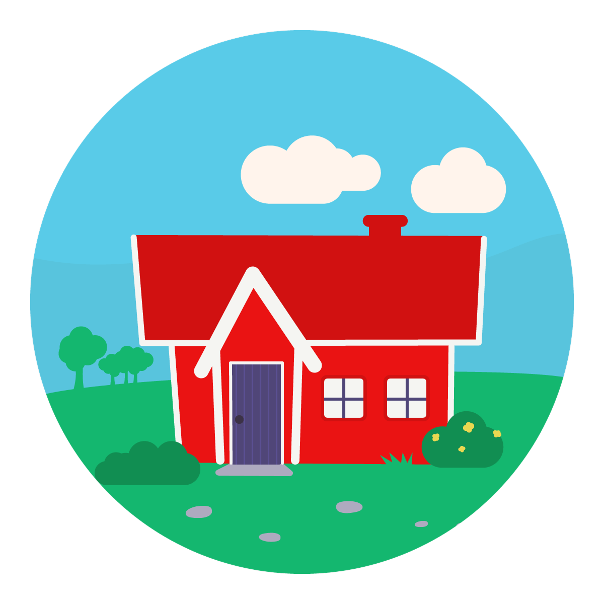 A cartoon red house with a purple door and white windows, set in a green landscape with trees, bushes, and two clouds in a blue sky, all within a circular frame.