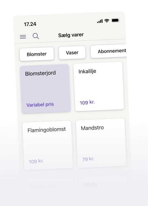 A smartphone screen displaying a Danish e-commerce app selling flowers and plants. The 'Blomsterjord' (flower soil) item is highlighted with a 'Variabel pris' (variable price).